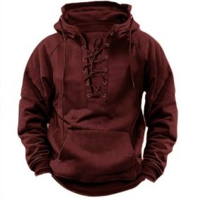 Ins Lace-up Hoodie Casual Sports Pocket Sweatshirt Men's Long-sleeved Top Clothing (Option: Wine Red-XL)