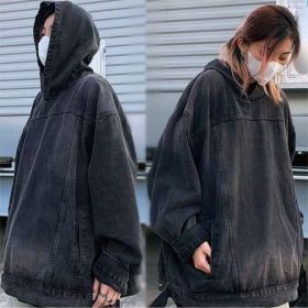 Men's Fashion Retro Hooded Denim Jacket Top (Option: Black-2XL)