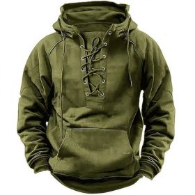 Ins Lace-up Hoodie Casual Sports Pocket Sweatshirt Men's Long-sleeved Top Clothing (Option: Army Green-XL)