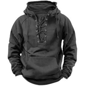Ins Lace-up Hoodie Casual Sports Pocket Sweatshirt Men's Long-sleeved Top Clothing (Option: Gray-XL)
