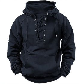 Ins Lace-up Hoodie Casual Sports Pocket Sweatshirt Men's Long-sleeved Top Clothing (Option: Black-XL)