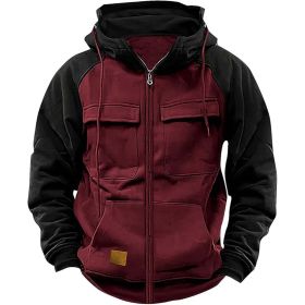 Men's Hoodie Youth Sports Multi-pocket Workwear (Option: Wine Red-XL)