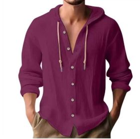 Cotton And Linen Shirt Hooded Sweater Button Long Sleeve (Option: Purple-M)