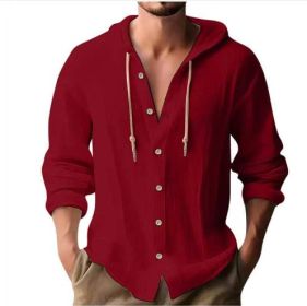 Cotton And Linen Shirt Hooded Sweater Button Long Sleeve (Option: Red-XL)