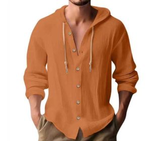 Cotton And Linen Shirt Hooded Sweater Button Long Sleeve (Option: Orange-XL)