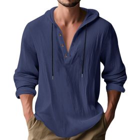 New Wish Cotton Linen Shirt Hooded Sweater Long Sleeve Hooded Casual Daily Clothing (Option: Navy Blue-XL)