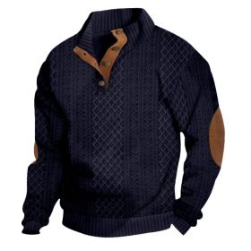Stand Collar Long Sleeve Jacquard Knitted Pullover Sweater (Option: Navy Blue-XL)