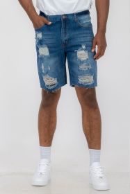 Distressed Stretch Denim Shorts (Color: Blue, size: 32)