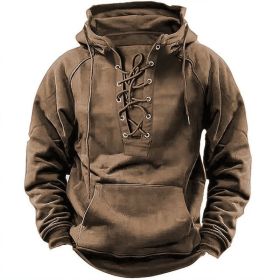 Ins Lace-up Hoodie Casual Sports Pocket Sweatshirt Men's Long-sleeved Top Clothing (Option: Khaki-M)