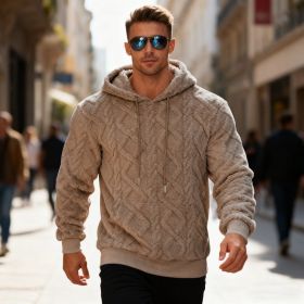 Plush Hooded Sweatshirt Winter Warm Long-sleeved Pullover Top Men's Casual Solid Color Fleece Hoodie Clothing (Option: Brown-L)
