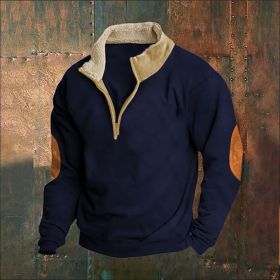 Retro Patchwork Half Cardigan Men's Long-sleeved Sweater (Option: Navy Blue-L)
