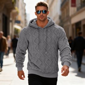 Plush Hooded Sweatshirt Winter Warm Long-sleeved Pullover Top Men's Casual Solid Color Fleece Hoodie Clothing (Option: Light Gray-L)